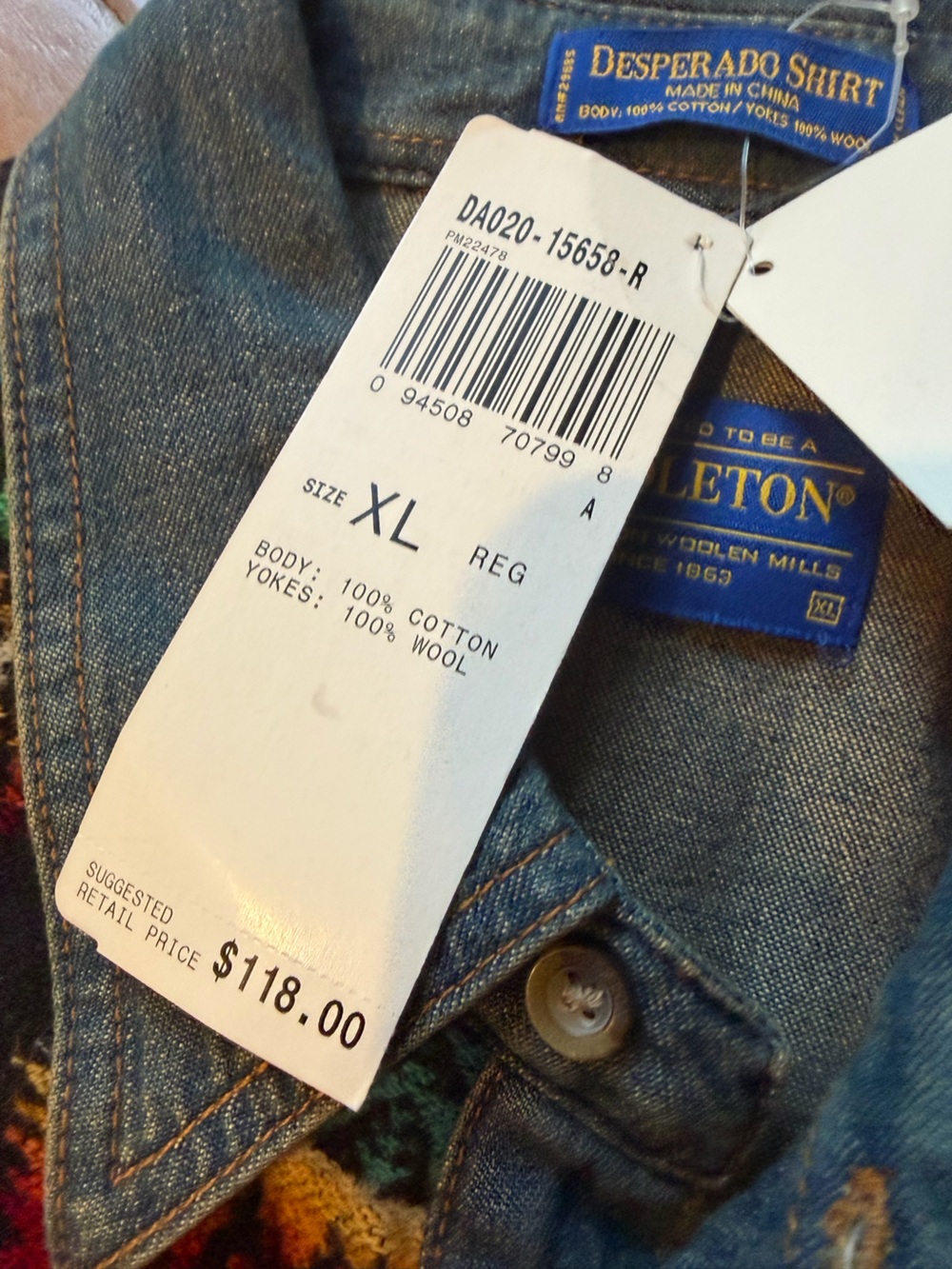 Pendleton Blue Denim Shirt with Multicolor Southwestern Yoke..NWT, VINTAGE - Picture 10 of 13
